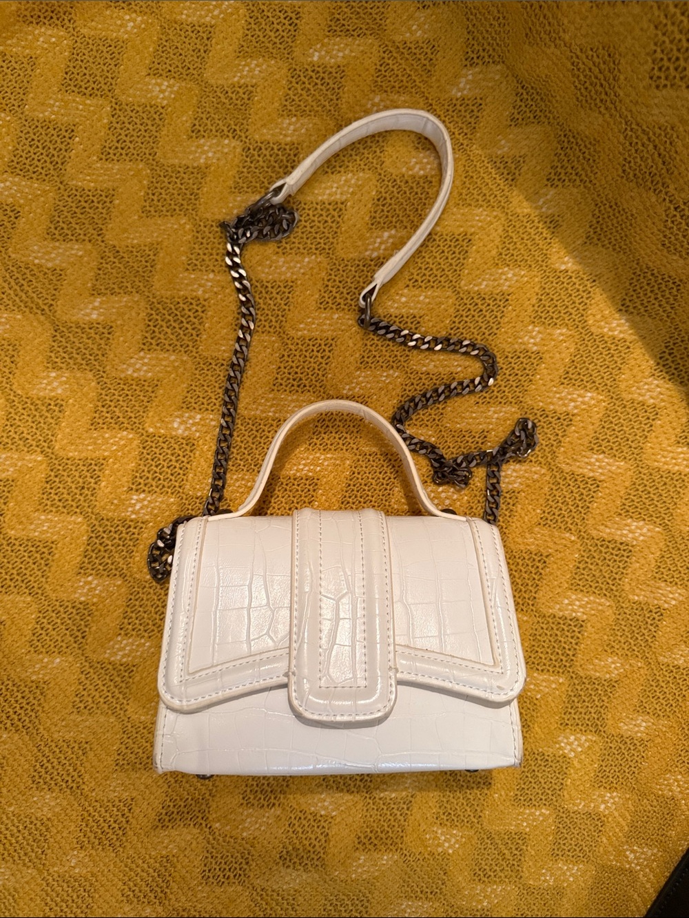 Zara White Croc-Embossed Mini Top-Handle Bag with Chain Strap